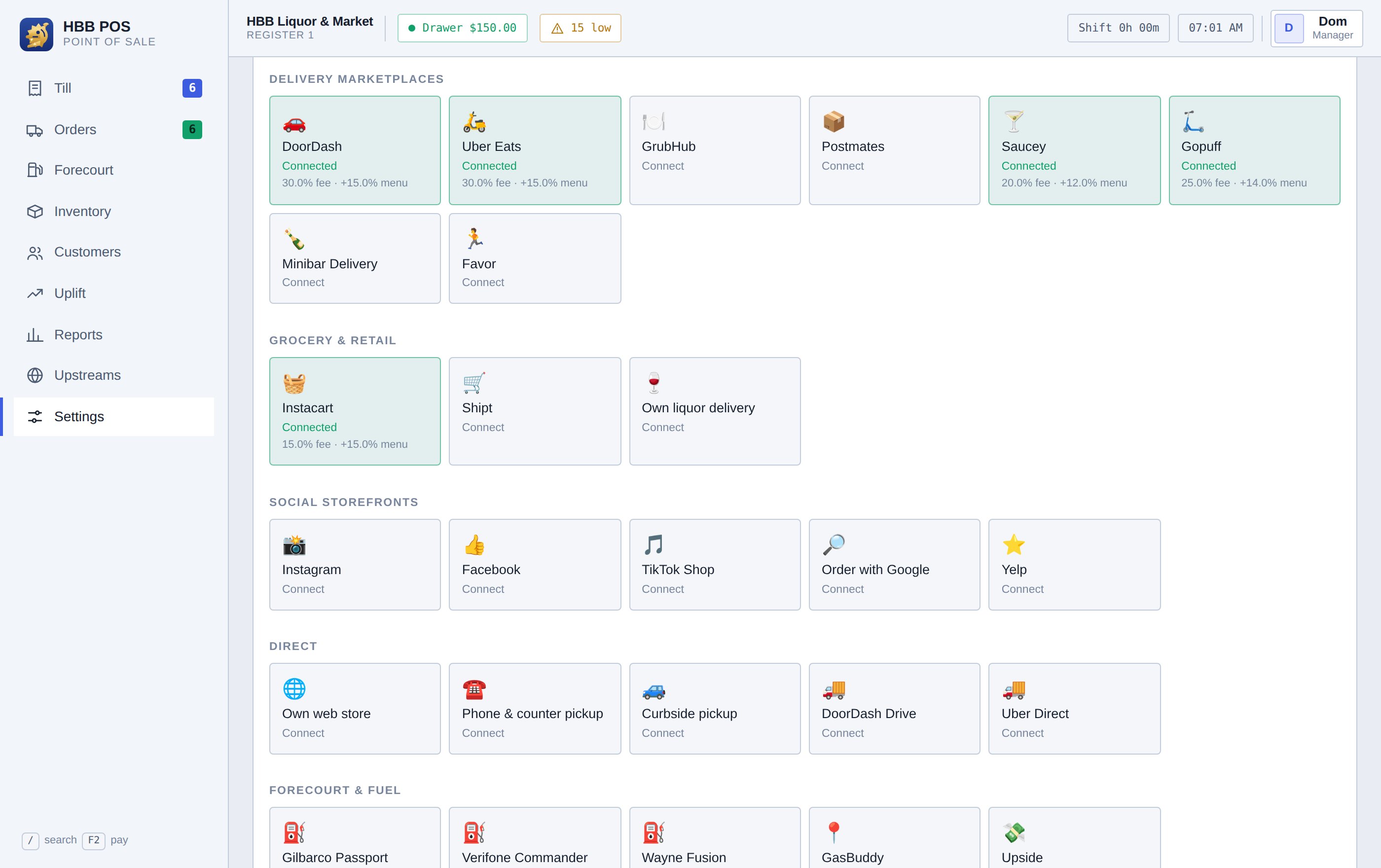 Settings: the connector directory grouped into delivery marketplaces, forecourt, cash handling, compliance, suppliers and back office.