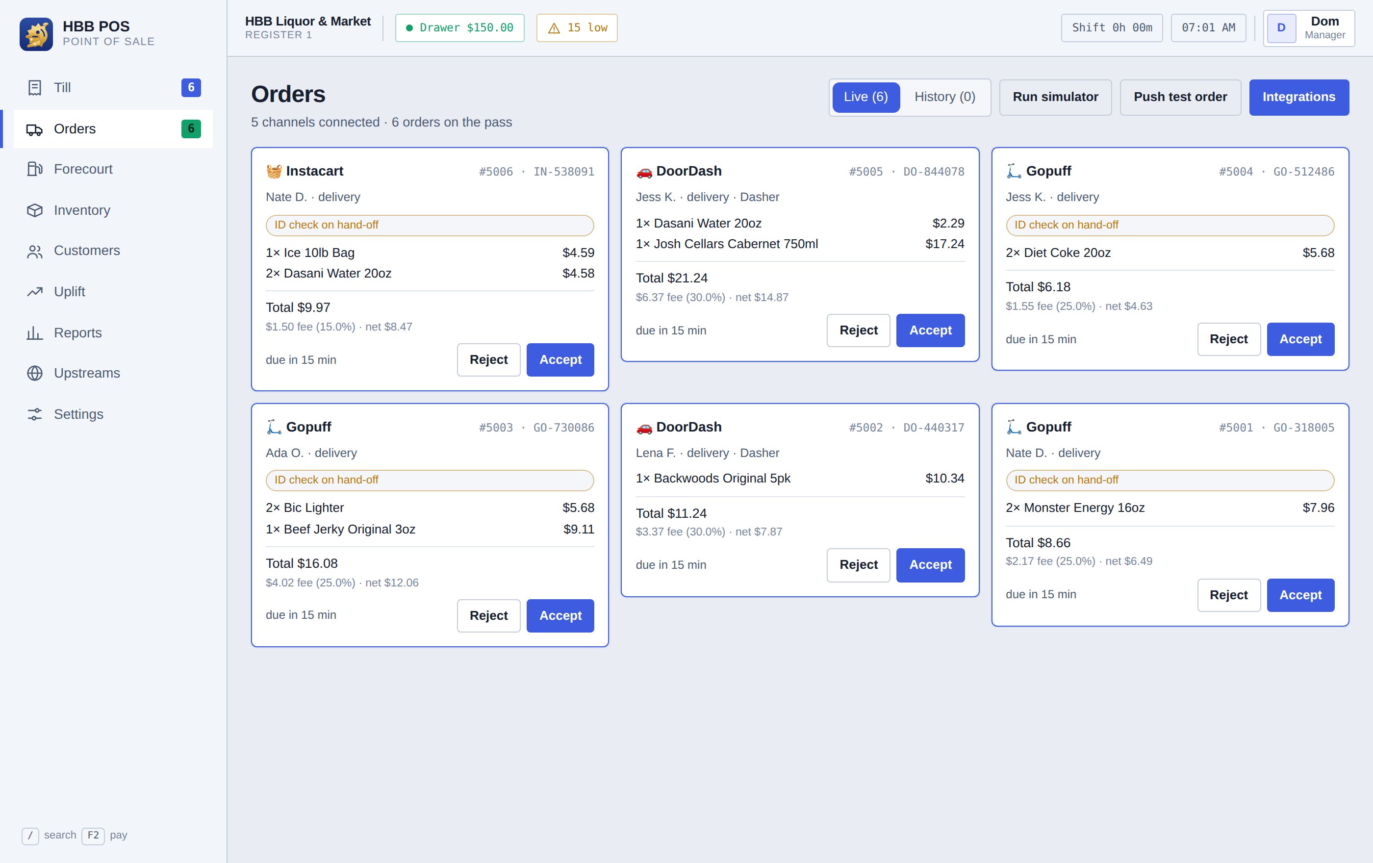 The Orders screen: incoming DoorDash, Uber Eats, Instacart and Saucey tickets with commission, net payout and a due-in clock on each card.