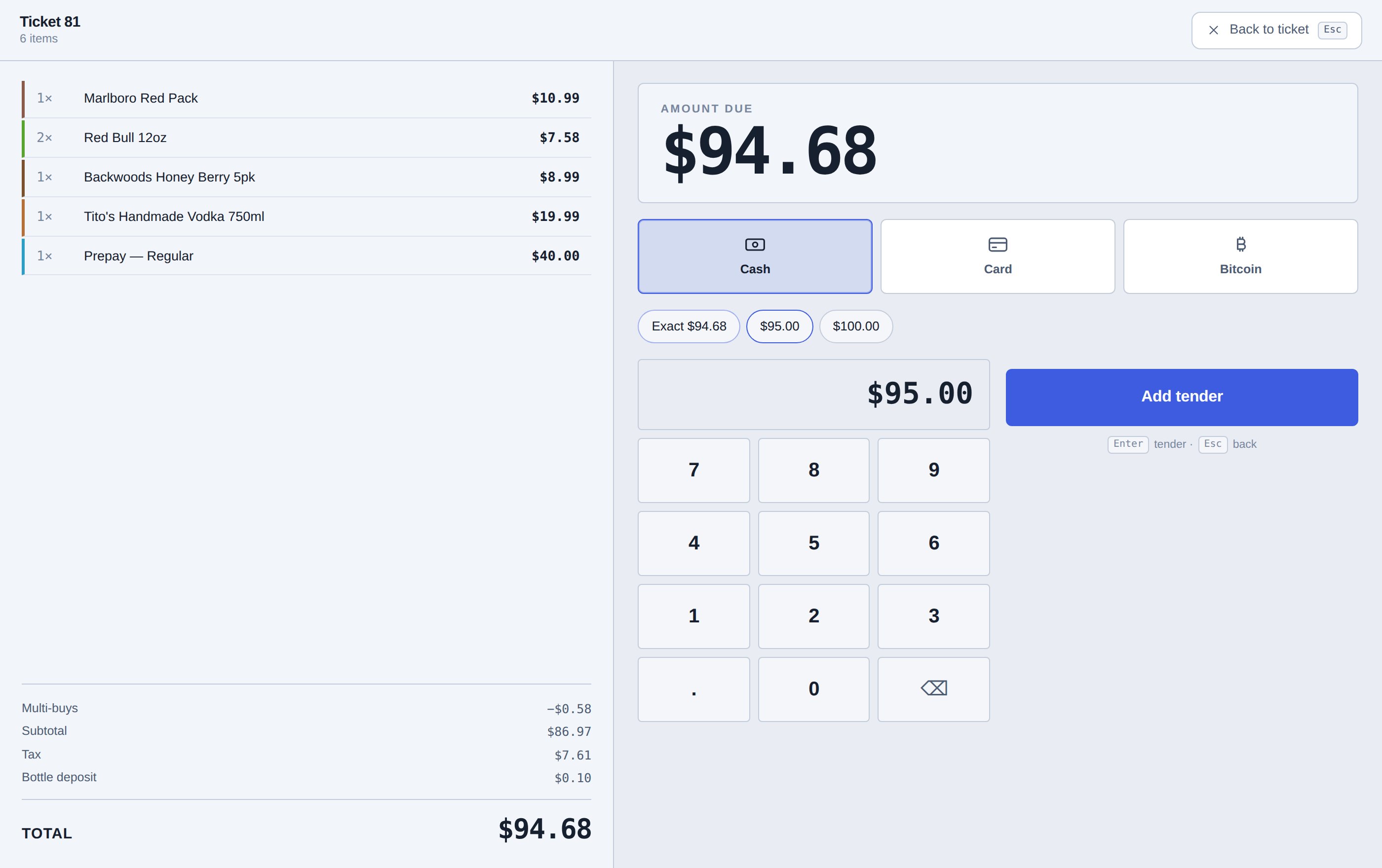 The tender screen: the order on the left, a large amount due, tender methods, quick cash amounts and a keypad on the right.