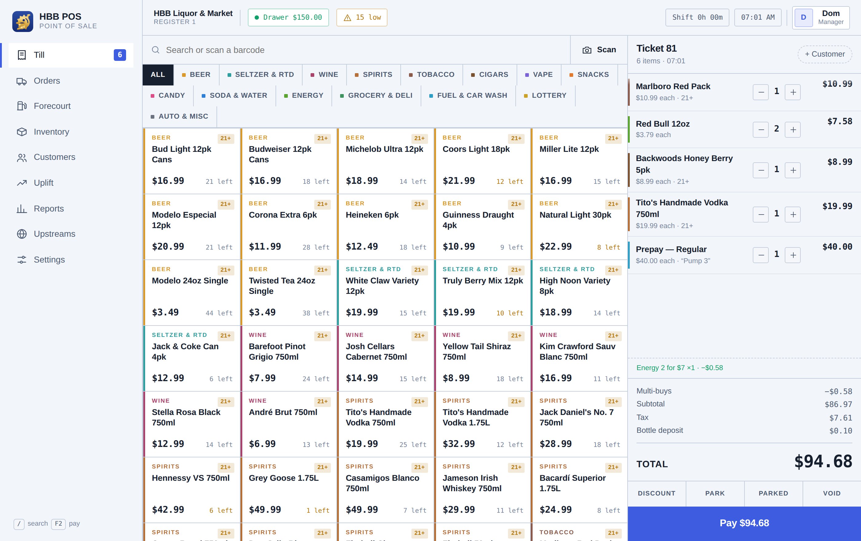 The HBB POS till: a touch product grid of beer, tobacco and snacks beside an open ticket showing a multi-buy, a bottle deposit and a $40 fuel prepay on pump 3.
